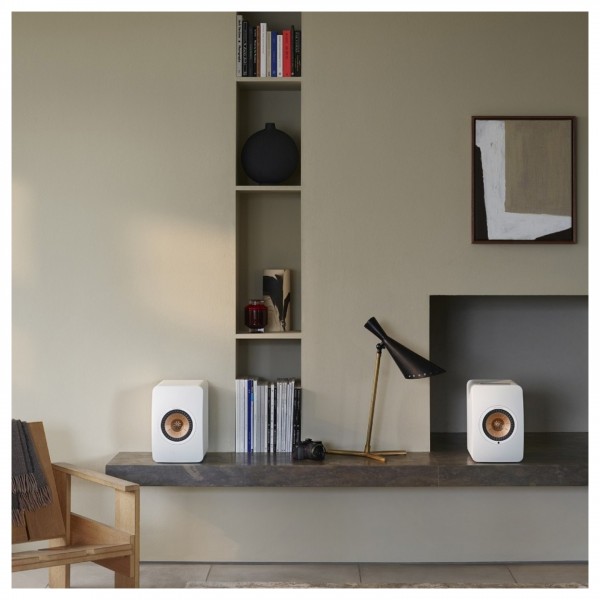 KEF LS50W MKII Wireless Speakers (Pair), Mineral White Lifestyle View