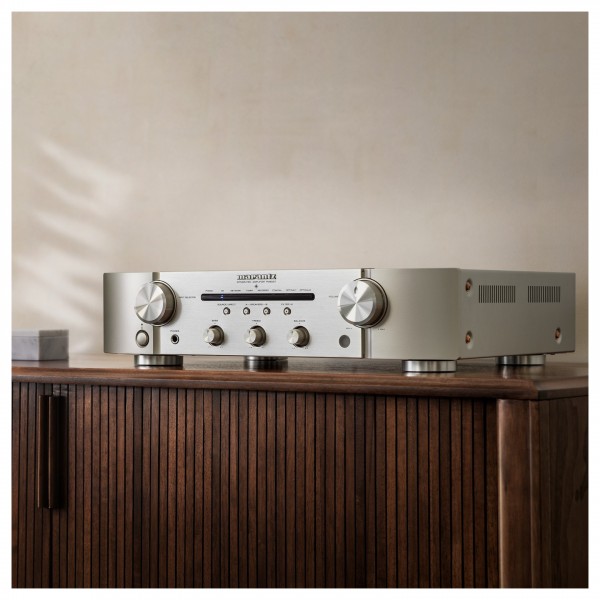 Marantz PM6007 Integrated Amplifier, Silver setup on cabinet
