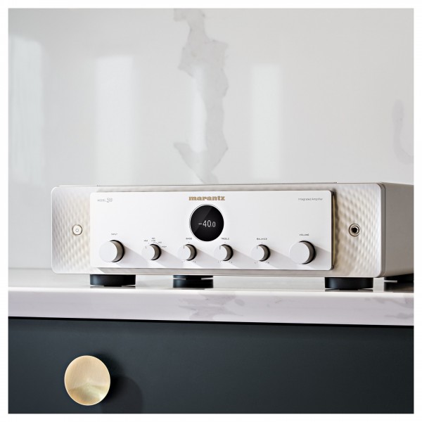 Marantz Model 30 Integrated Amplifier, Silver on side cabinet