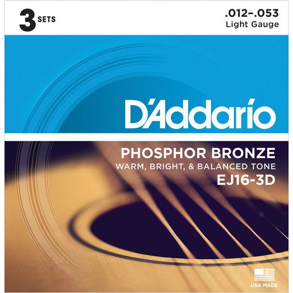 D'Addario EJ16 Phosphor Bronze, Light, 12-53 x 3 Pack