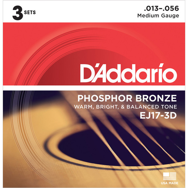 D'Addario EJ17 Phosphor Bronze, Medium, 13-56 x 3 Pack