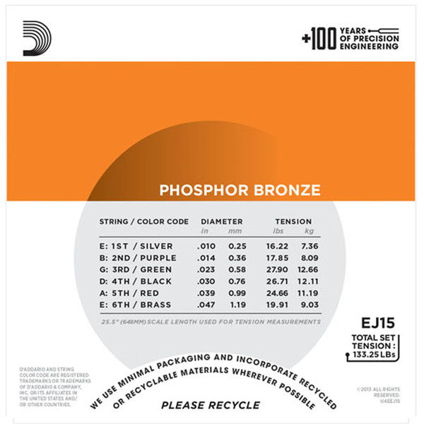 D'Addario EJ15 Phosphor Bronze, Extra Light, 10-47 x 3 Pack