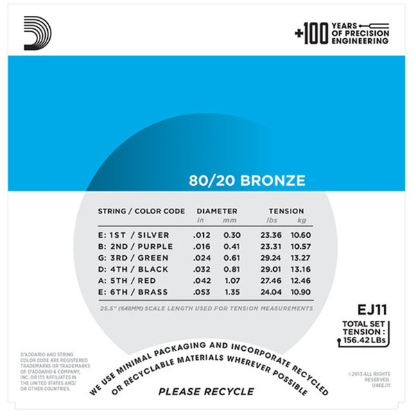 D'Addario EJ11 80/20 Bronze Acoustic Guitar Strings, Light, 12-53