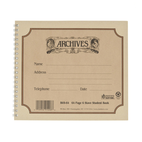 D'Addario Archives 6 Stave, 64 Pages, Spiral Student Book