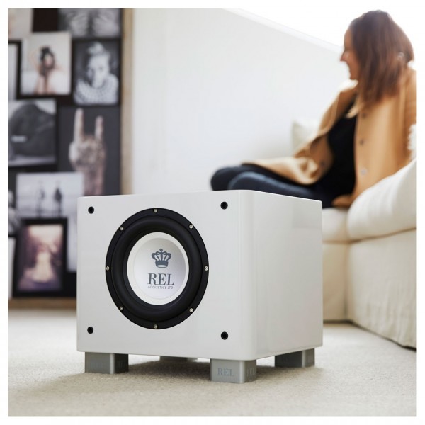 REL T7X Subwoofer, Gloss White - Lifestyle