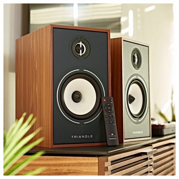 Triangle Borea BR03 BT Active Bookshelf Speakers (Pair), Oak Green lifestyle with remote control