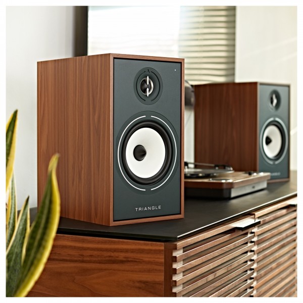 Triangle Borea BR03 BT Active Bookshelf Speakers (Pair), Oak Green lifestyle with turntable
