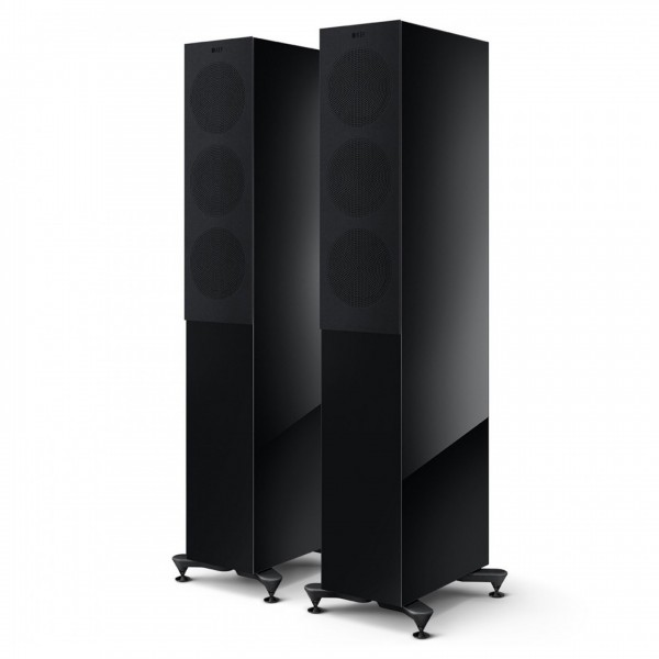 KEF R5 Meta Floostanding Speakers (Pair), Black Gloss Front View With Grilles