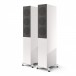 KEF R5 Meta Floostanding Speakers (Pair), White Gloss Front View With Grilles
