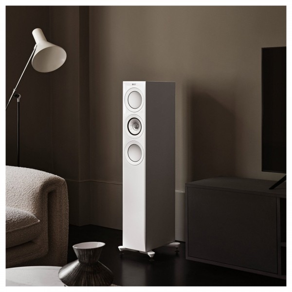 KEF R5 Meta Floostanding Speakers (Pair), White Gloss Lifestyle View 2
