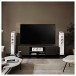 KEF R8 Meta Dolby Atmos Speakers (Pair), White Gloss mounted on top of KEF R5 Floorstanding Speakers