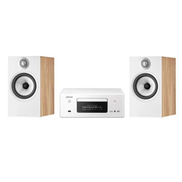 Denon CEOL RCD-N11 Amp White w/ Bowers & Wilkins 606 S2 Speakers, Oak