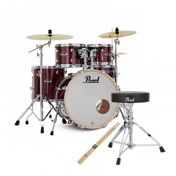 Pearl Export 20'' Fusion Drum Kit w/Stool and Sticks, Cherry Glitter