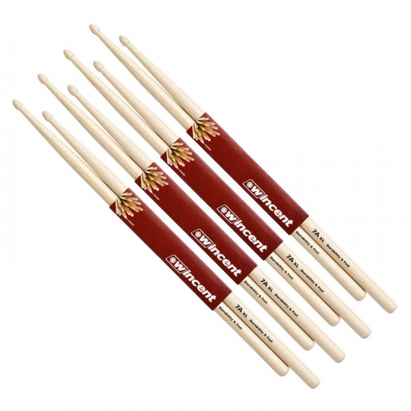 Wincent Hickory Standard Extra Long 7A Drumsticks, 4pk