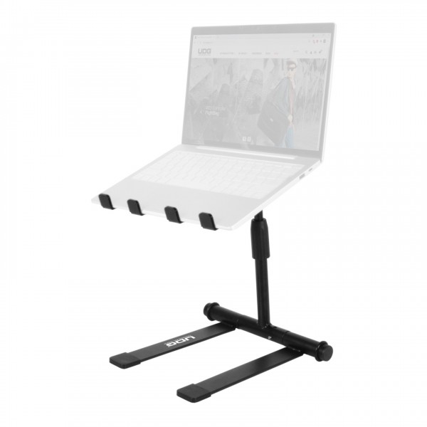 UDG Ultimate Height Adjustable Laptop Stand, Black - Angled (Laptop Not Included)