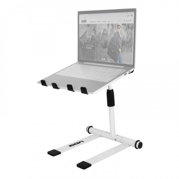 UDG Ultimate Height Adjustable Laptop Stand, White - Angled (Laptop Not Included)