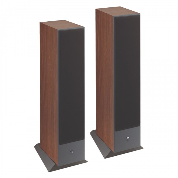 Focal Theva N2 Compact Floorstanding Speakers (Pair), Dark Wood Front View with Grilles
