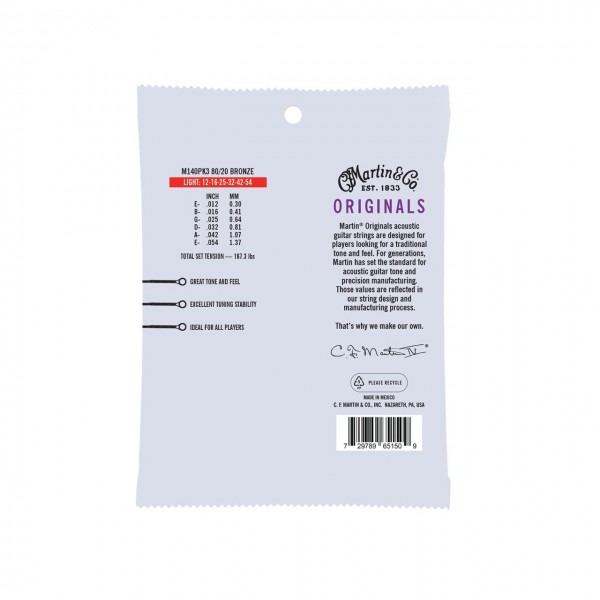 Martin Original 80/20 Bronze Acoustic Strings Light, 12-54, 3 Pk - Back