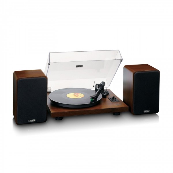Lenco LS-600 Turntable and Speakers Playing a Record