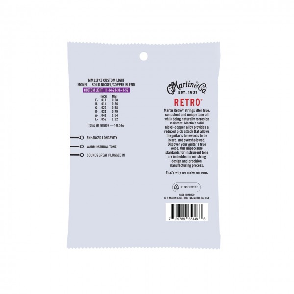 Martin Retro Monel Nickel Acoustic Strings Custom Light 11-52, 3 Pack - Back