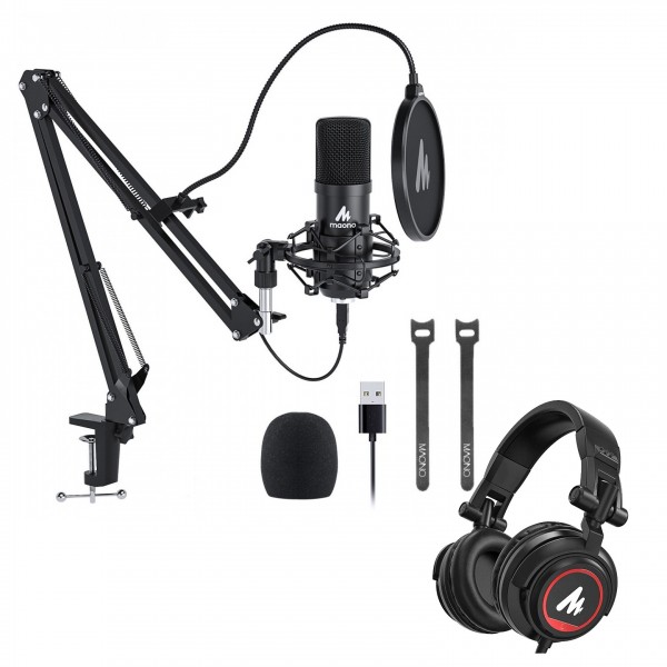 Maono USB Condenser Microphone with Boom Arm, Headphones and Filter - Full Contents