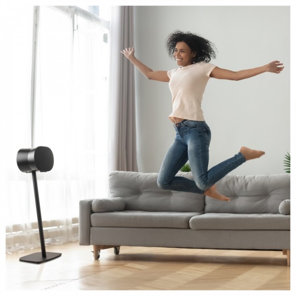 Mountson Floor Stand for Sonos Era 300, Black Lifestyle Image in Lounge