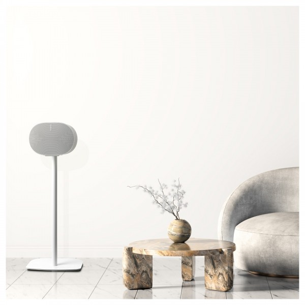 Mountson Floor Stand for Sonos Era 300, White Lifestyle Image in Lounge