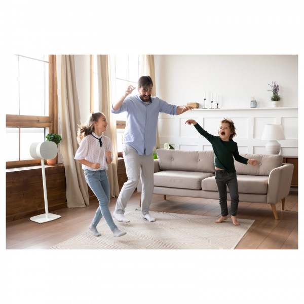 Mountson Floor Stand for Sonos Era 300, White Lifestyle Image in Lounge