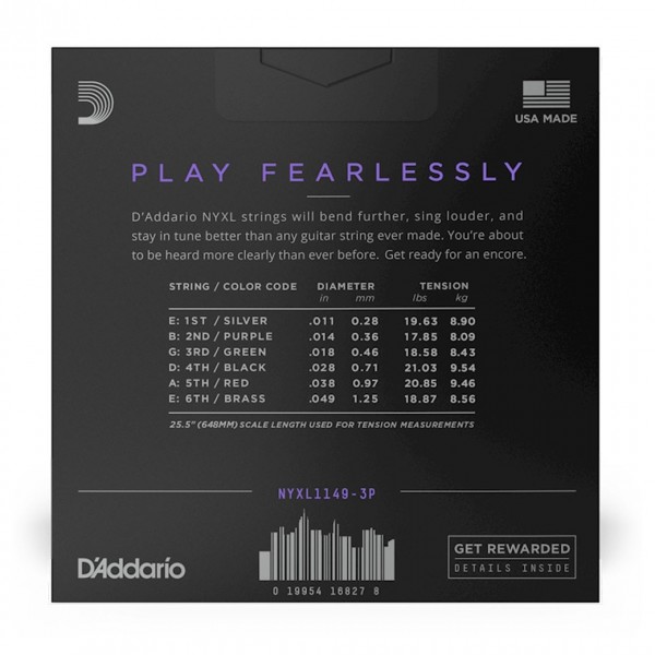 D'Addario NYXL Electric Guitar Strings Medium, 11 - 49, 3 Pack - Back