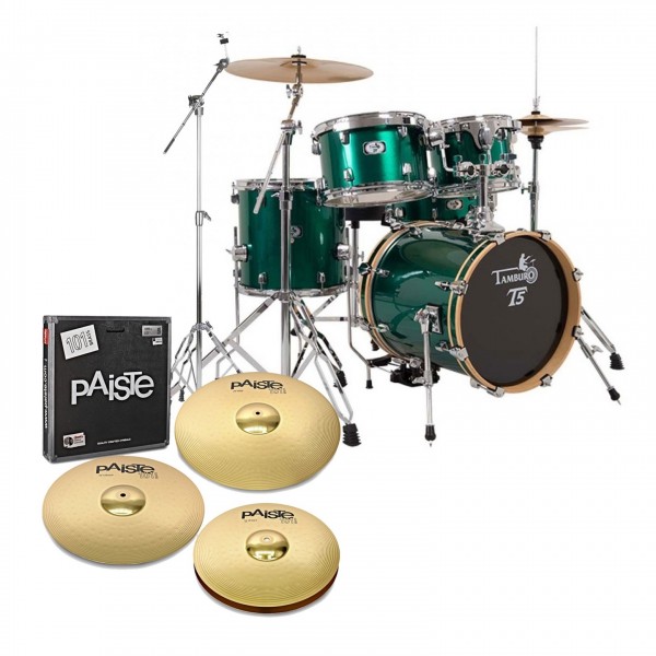 Tamburo T5 Series 22'' 5pc Drum Kit w/Paiste, Green Sparkle