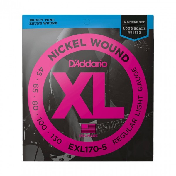 D'Addario EXL170-5 5 String Bass Guitar Strings, Light 45-130, Long
