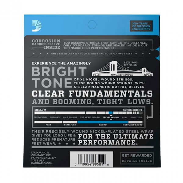 D'Addario EXL170-5 5 String Bass Guitar Strings, Light 45-130, Long - Back 