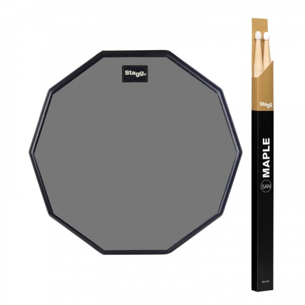 Stagg 12'' Desktop Practice Pad & Maple 5A Drumsticks, Nylon Tip