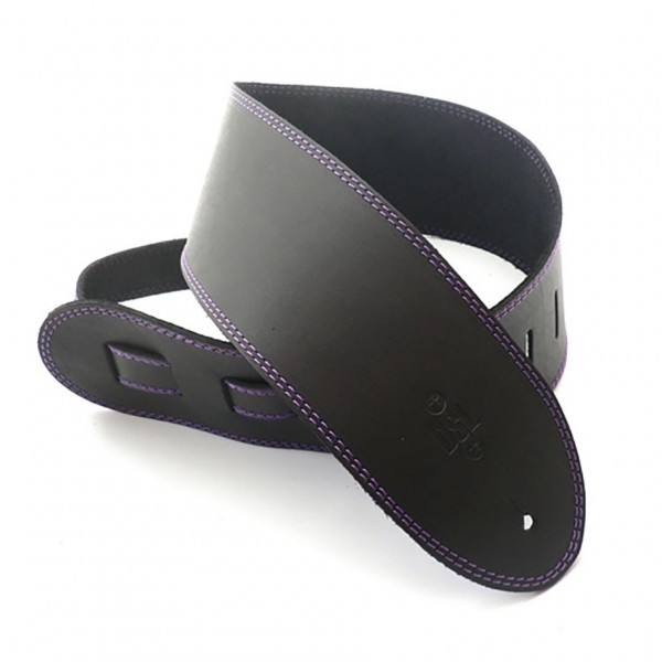 DSL Leather 3.5" Guitar Strap, Black w/ Purple Edge Stitch