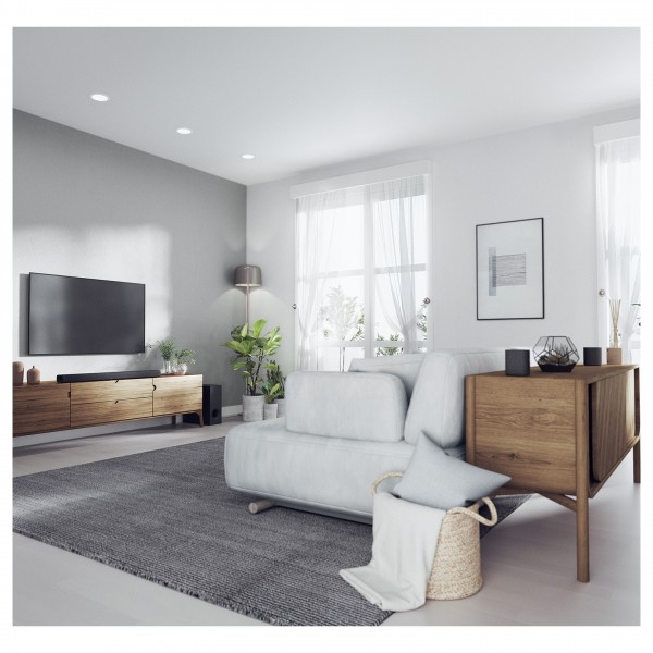 Yamaha True X Soundbar w Wireless Speakers & Cradles, Carbon Black Lifestyle View